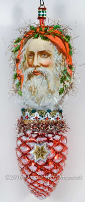 Sparkling Santa with Soft Red Hood on Red Pinecone Ornament