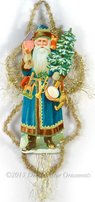 Spectacular 13" Blue Santa Holding Toys with Victorian Tinsel Treatment