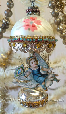 Girl Riding Dove on Exquisitely Decorated Glass Lamp 