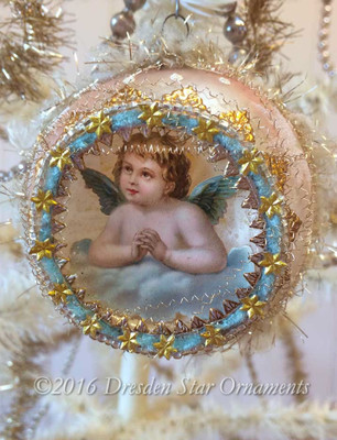 Dainty Angel on Cloud inside Pastel Pink Indent Ornament Accented in Gold, Blue and White