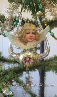 Cherub Angel on Graceful Silver Antique Lyre Ornament