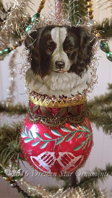 Adorable Dog on Mid-Century Red Sphere Ornament