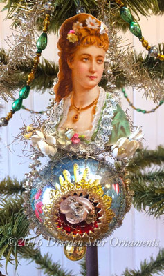 Beautiful Victorian Lady Accented with Flowers on Blue Hand-Painted Ornament.