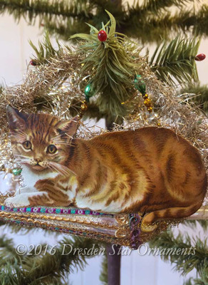 Lifelike Tabby Cat Balancing on Antique Glass Parasol Ornament