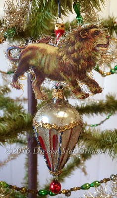 Reserved for Courtney – Prancing Lion on Multicolored Glass Cone Ornament
