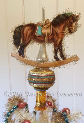 Reserved for Courtney – Rocking Horse on Gold Glass Spire Tree Topper