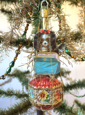 Dog With Purse on Gorgeous Antique 6-Sided Ornament with Flowers