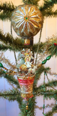 Baby Jesus with Lamb and Angel Trio in Hot Air Balloon with Antique Starburst Ornament