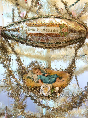 Reserved for Dennis - Baby Jesus Riding Glorious Elaborately Decorated Christmas Blimp With Flowers  