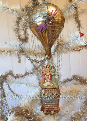 Baby Jesus with Angel Trio in Slender Gilded Hot Air Balloon with Antique Glass Basket 
