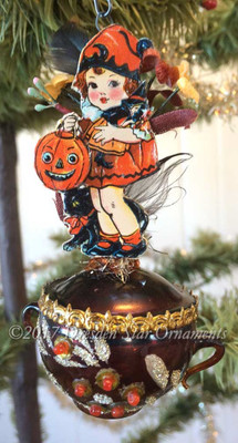 Reserved for Brenda – Little Halloween Girl with Dolly and Pumpkin on Glass Teapot Ornament