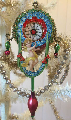 Red Valentine Clock with Forget-Me-Nots and Swinging Glass Pendulum 