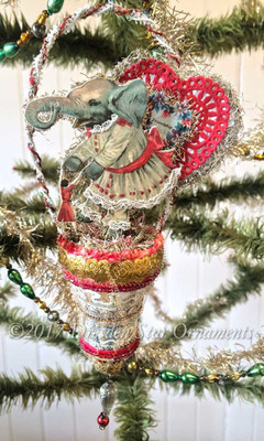 Little Girl Elephant with Dolly and Valentine on Glass Silver Bell Ornament