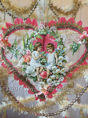 Glorious Large Paper and Tinsel Heart with Little Girls, Lace, and Fabric Flowers