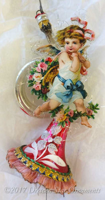 Reserved for Brenda – Angel with Roses on Silver and Red French Horn Ornament