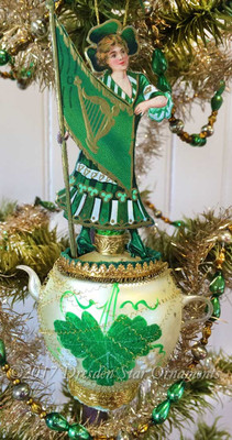 Girl Holding Irish Flag on Gorgeous Delicate Glass Teapot Ornament