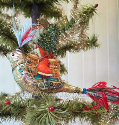 Reserved for Jennifer – Santa Riding Wild Glass Bird Clip-on Ornament 