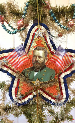 Reserved for Dennis – President Grant on Two-Sided Patriotic Chenille Star Ornament with Crossed Flags