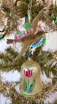 Reserved for Jennifer – Flying Bird with Bleeding Hearts on Tulip Bell Ornament 