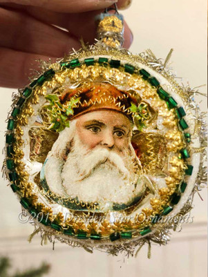 Santa in Frosted Indent Ornament Rimmed in Emerald Green Beads