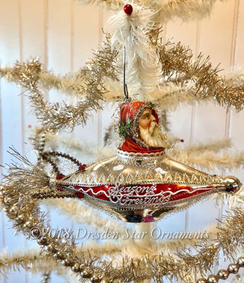 Santa Riding Silver and Red Glass Rocket Ornament