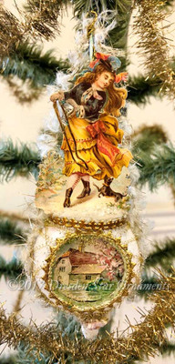 Victorian Lady with Dog On Delicate Frosted Spindle Ornament