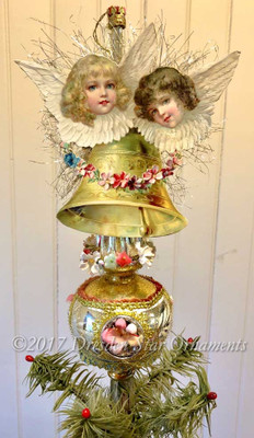 Cherub Angels and Bell on Glass Spire Ornament Adorned with Flowers