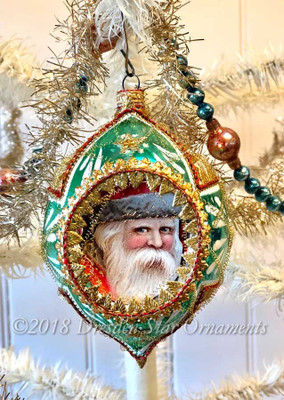 Jolly Santa on Large Oval Green Mid-Century Ornament Accented in Red and Gold 