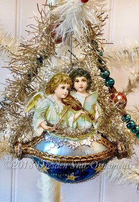 Musical Twin Angels On Starry Midnight Blue and Silver Glass Basket Ornament