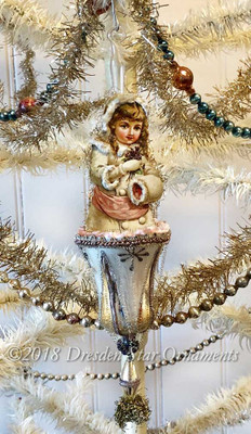 Reserved for Dennis – Snow Girl with Violets on Silver Glass Bell Ornament