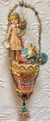 Little Girl with Kitty-Cat in Hat on Antique Bumpy Bell Ornament