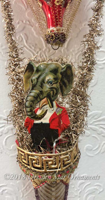 Cigar Smoking Gentleman Elephant Riding Sequined Red Balloon with Antique Bell Basket