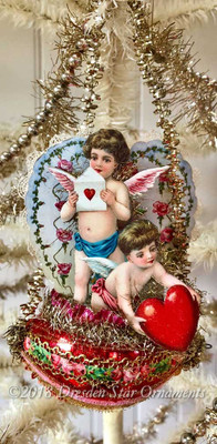 Cupids with Lace Valentine on Red Glass Basket with Antique Loop Tinsel Garlan