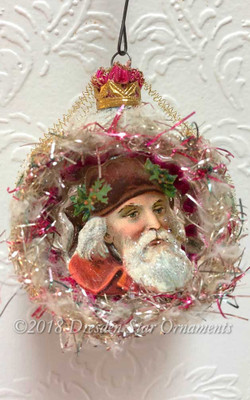 Reserved for Dennis – Santa with Red Coat in Frosted White and Green Indent Ornament 