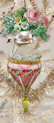 Swan in Two-Tiered Silver and Pink Fountain Ornament with Flowers