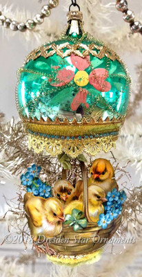 Baby Chicks in Large Green Glass Lamp Ornament