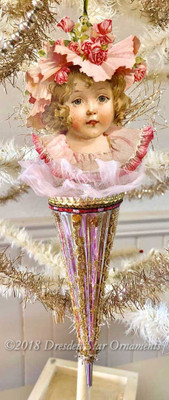 Girl in Easter Hat with Ruffles on Large 10” Antique Glass Parasol Ornament