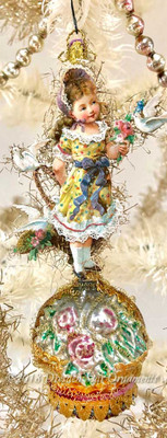 Girl in Yellow Spring Dress with Lace on Glass Flower Basket Ornament