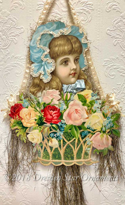 Large Girl in Bonnet with Glorious Basket of Roses Paper and Tinsel Ornament 