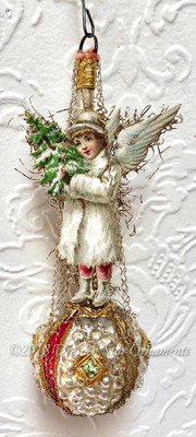 Petite Snow Angel with Tree on Jeweled Antique Bumpy Glass Ornament