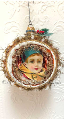 Victorian Boy In Large Orange Indent Ornament Framed in Chenille Tinsel