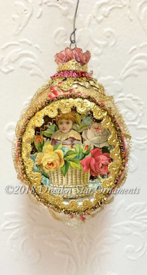 Victorian Child in Flower Basket Inside Oval Indent Ornament accented with Rose-Pink