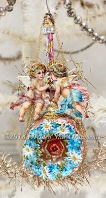 Twin Angels on Pink Antique Bumpy Glass Ornament with Rose Center