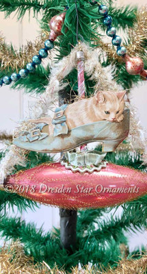 White Kitten/Cat in Victorian Lady’s Shoe in Pink Glass Boat Ornament