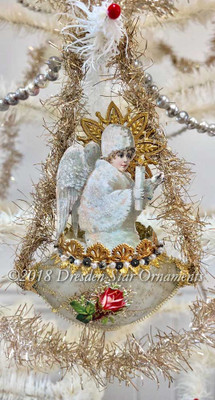 Snow Angel with Candle Riding Antique Unsilvered Oval Indent Ornament 