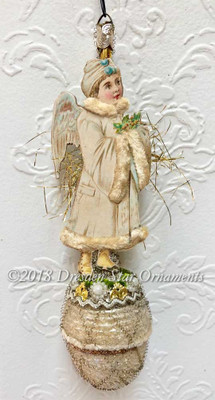 Snow Boy Angel with Chenille Coat on Antique Frosted Acorn Ornament 