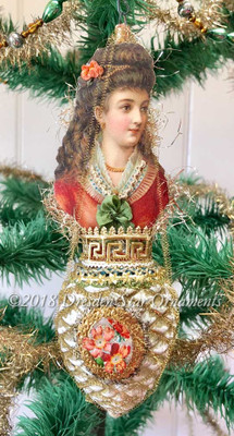 Pretty Victorian Lady in Orange Dress on Large Golden Pinecone Ornament