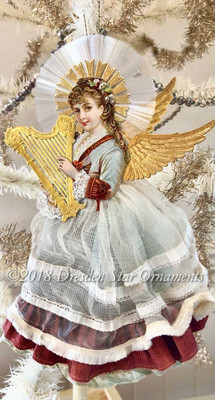 Dresden Angel Playing Harp with Spun Glass Halo and Beautiful Antique Gauze Skirt