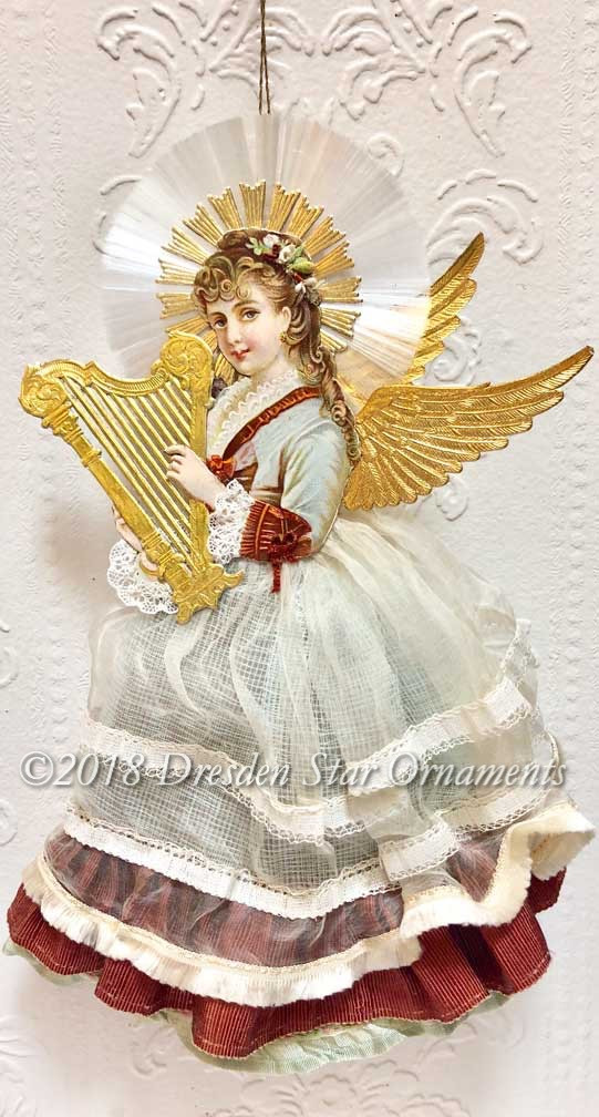 Dresden Angel Playing Harp with Spun Glass Halo and Beautiful