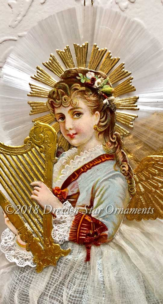 Dresden Angel Playing Harp with Spun Glass Halo and Beautiful